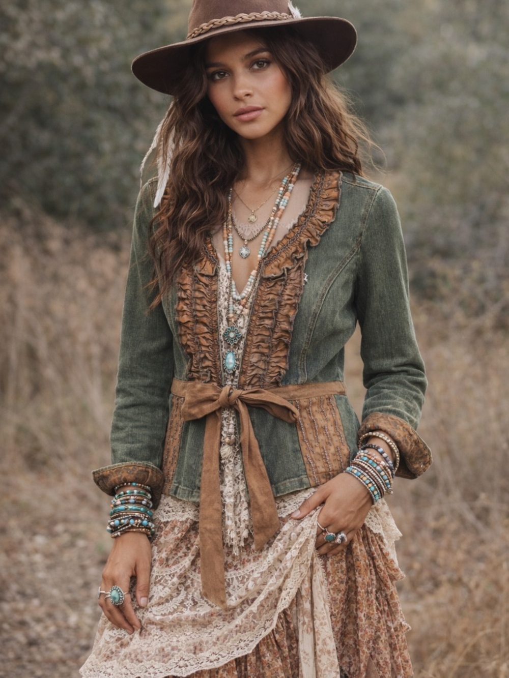 Joy London denim/jean jacket women 14 ruffle beads buttons brown/blue boho hippi